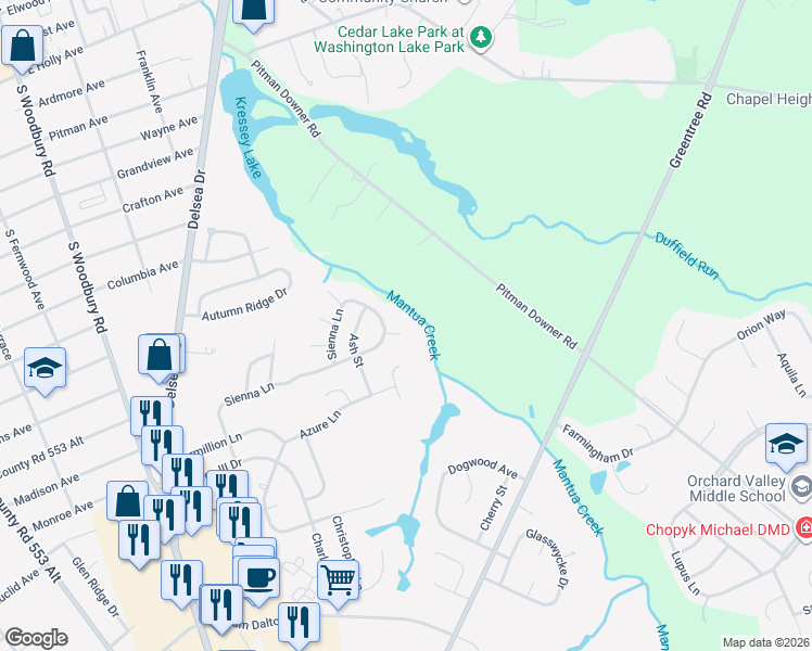 map of restaurants, bars, coffee shops, grocery stores, and more near 6 Briarwood Court in Glassboro