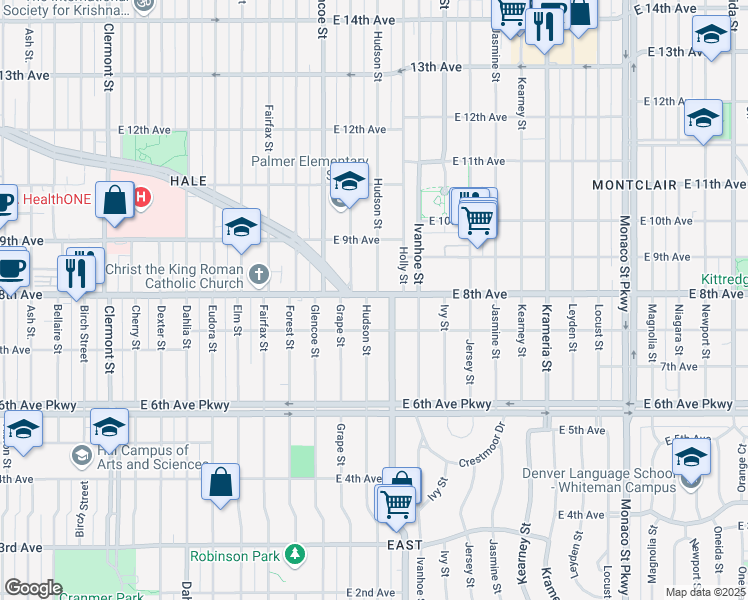 map of restaurants, bars, coffee shops, grocery stores, and more near 796 Hudson Street in Denver