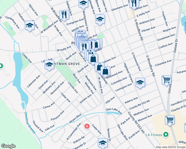map of restaurants, bars, coffee shops, grocery stores, and more near 323 Legion Court in Pitman