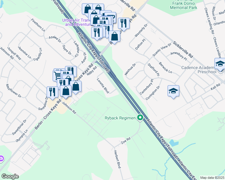 map of restaurants, bars, coffee shops, grocery stores, and more near 24 Loretta Boulevard in Sicklerville