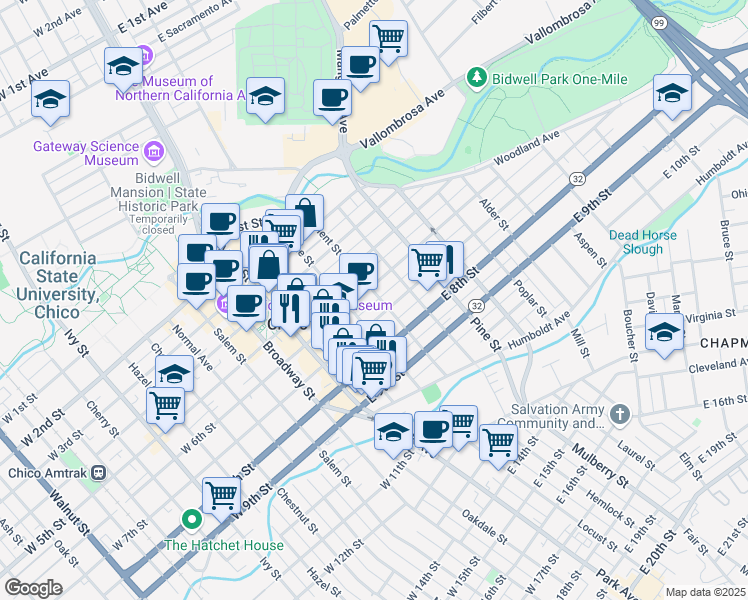 map of restaurants, bars, coffee shops, grocery stores, and more near 608 Orient Street in Chico