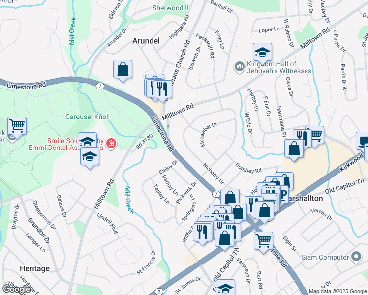 map of restaurants, bars, coffee shops, grocery stores, and more near 2418 Nicholby Drive in Wilmington