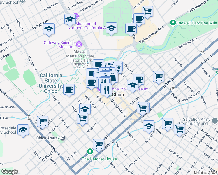 map of restaurants, bars, coffee shops, grocery stores, and more near in Chico