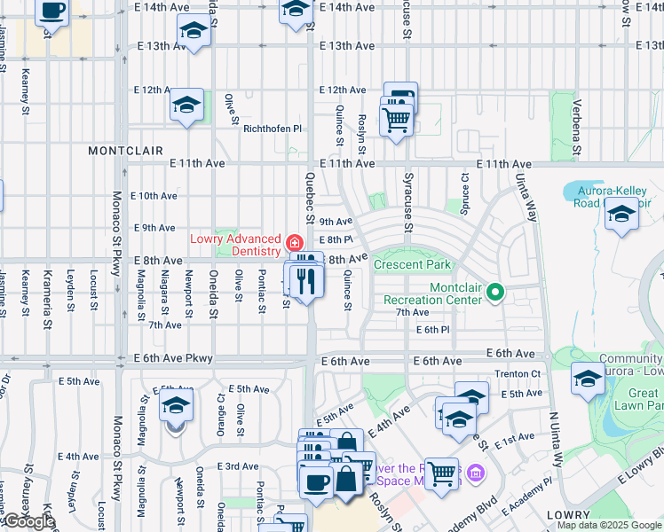 map of restaurants, bars, coffee shops, grocery stores, and more near 7340 East 8th Avenue in Denver