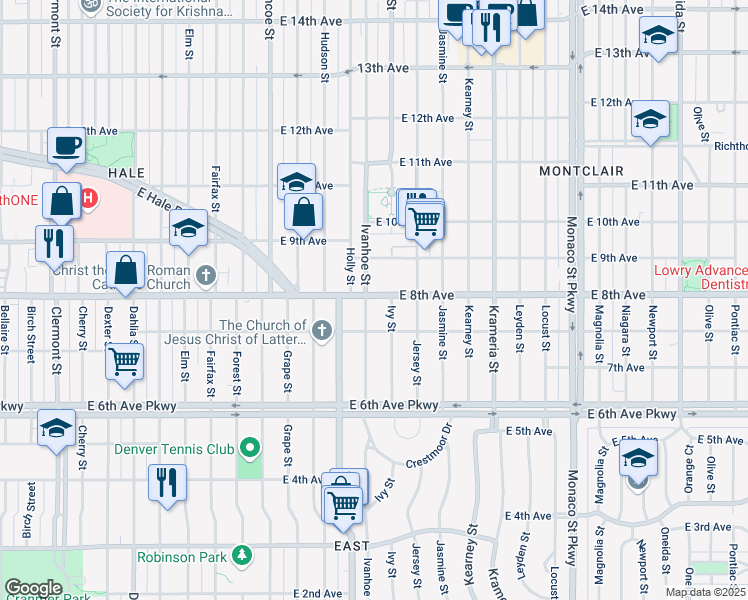 map of restaurants, bars, coffee shops, grocery stores, and more near 787 Ivanhoe Street in Denver