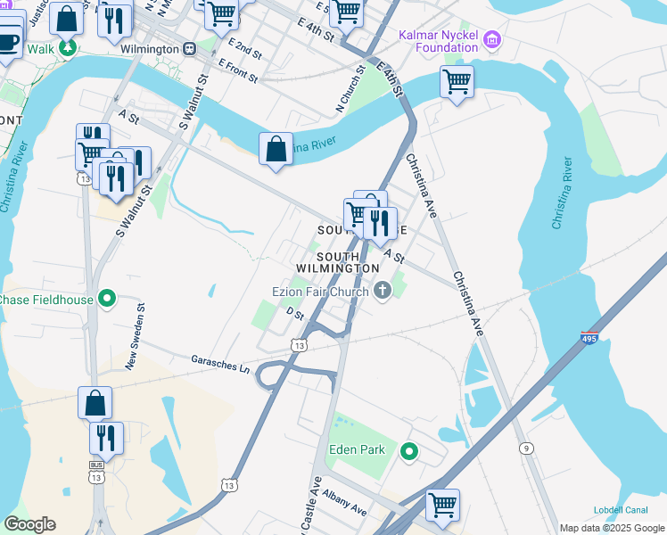 map of restaurants, bars, coffee shops, grocery stores, and more near 1118 B Street in Wilmington