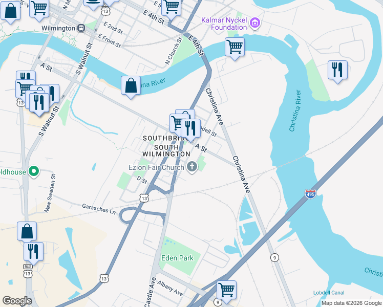 map of restaurants, bars, coffee shops, grocery stores, and more near 424 South Claymont Street in Wilmington