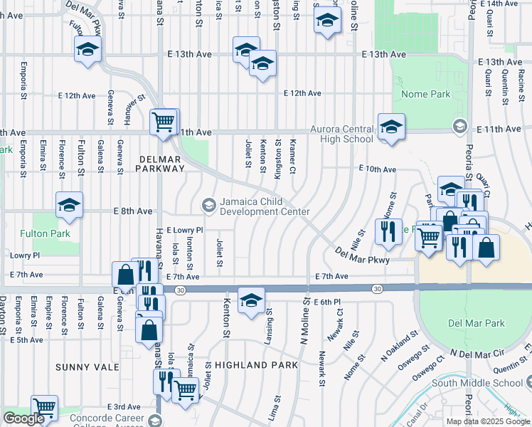 map of restaurants, bars, coffee shops, grocery stores, and more near 865 Lansing Street in Aurora