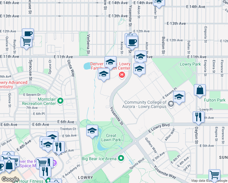 map of restaurants, bars, coffee shops, grocery stores, and more near 855 Yosemite Street in Denver