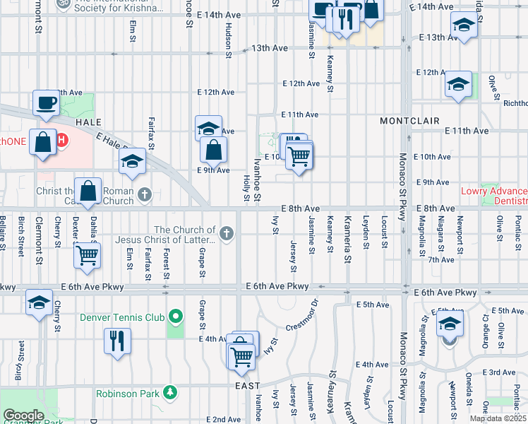 map of restaurants, bars, coffee shops, grocery stores, and more near 787 Ivanhoe Street in Denver