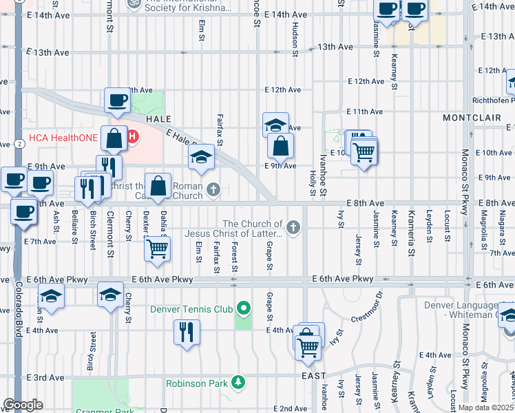 map of restaurants, bars, coffee shops, grocery stores, and more near 791 Glencoe Street in Denver
