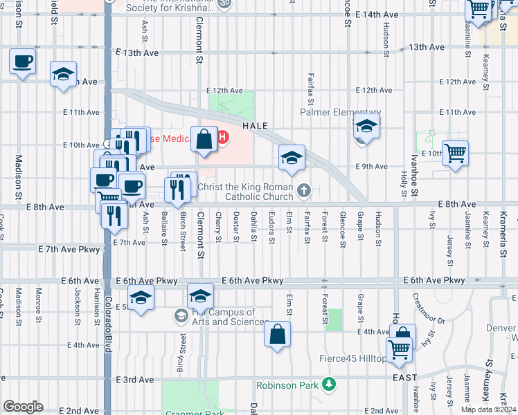 map of restaurants, bars, coffee shops, grocery stores, and more near 775 Eudora Street in Denver