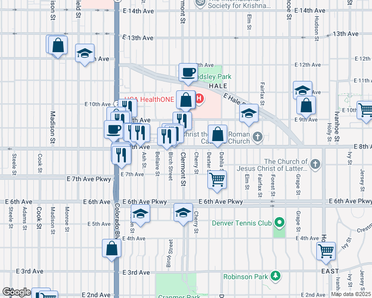 map of restaurants, bars, coffee shops, grocery stores, and more near 785 Cherry Street in Denver