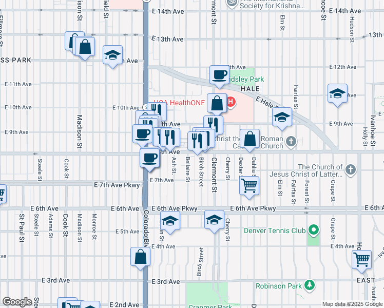 map of restaurants, bars, coffee shops, grocery stores, and more near 4300 East 8th Avenue in Denver