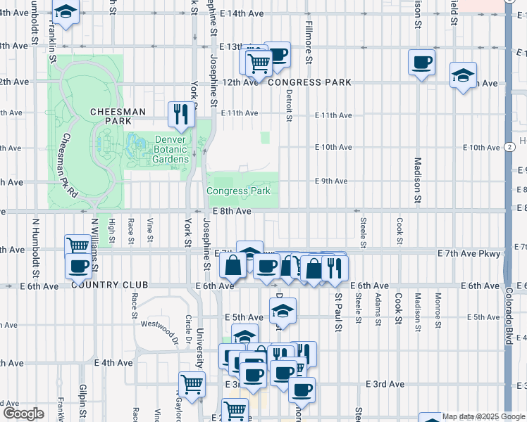 map of restaurants, bars, coffee shops, grocery stores, and more near 2720 East 8th Avenue in Denver