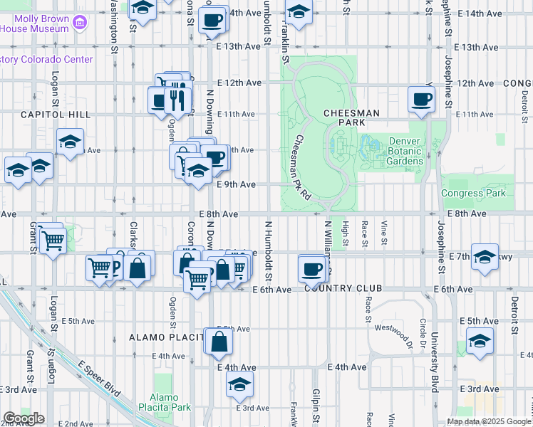 map of restaurants, bars, coffee shops, grocery stores, and more near 1426 East 8th Avenue in Denver