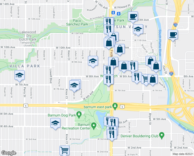 map of restaurants, bars, coffee shops, grocery stores, and more near 3122 West 8th Avenue in Denver