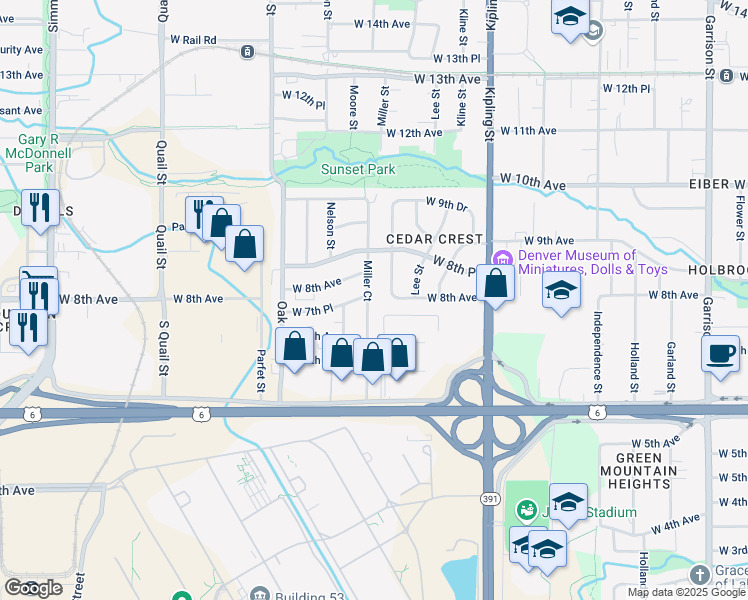 map of restaurants, bars, coffee shops, grocery stores, and more near 10280 West 8th Avenue in Lakewood