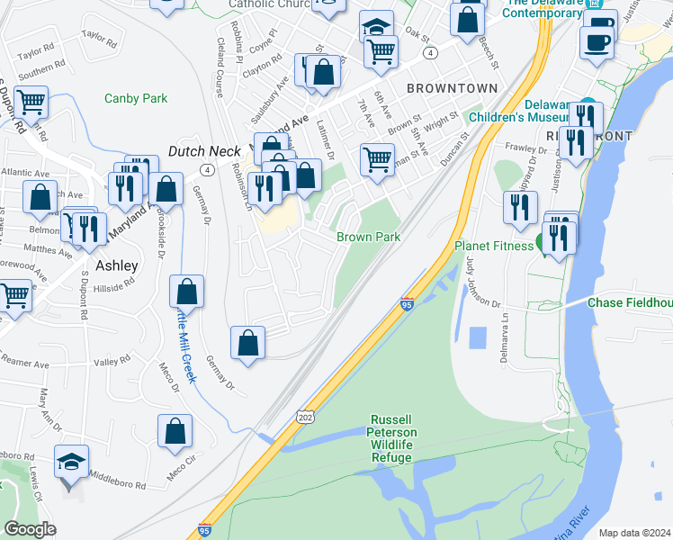 map of restaurants, bars, coffee shops, grocery stores, and more near 533 Homestead Road in Wilmington