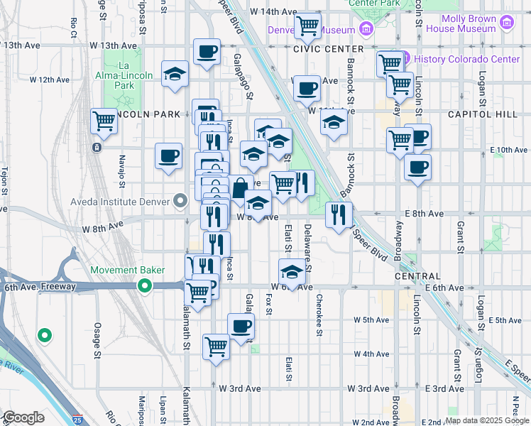 map of restaurants, bars, coffee shops, grocery stores, and more near 603 West 8th Avenue in Denver
