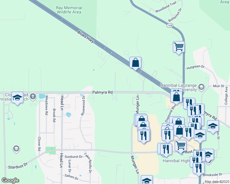 map of restaurants, bars, coffee shops, grocery stores, and more near 100 Quail Ridge in Hannibal