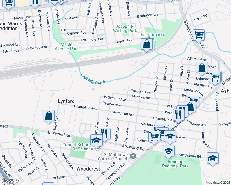 map of restaurants, bars, coffee shops, grocery stores, and more near 517 Mansion Road in Wilmington