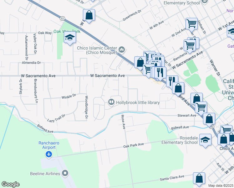 map of restaurants, bars, coffee shops, grocery stores, and more near 125 Hampshire Drive in Chico