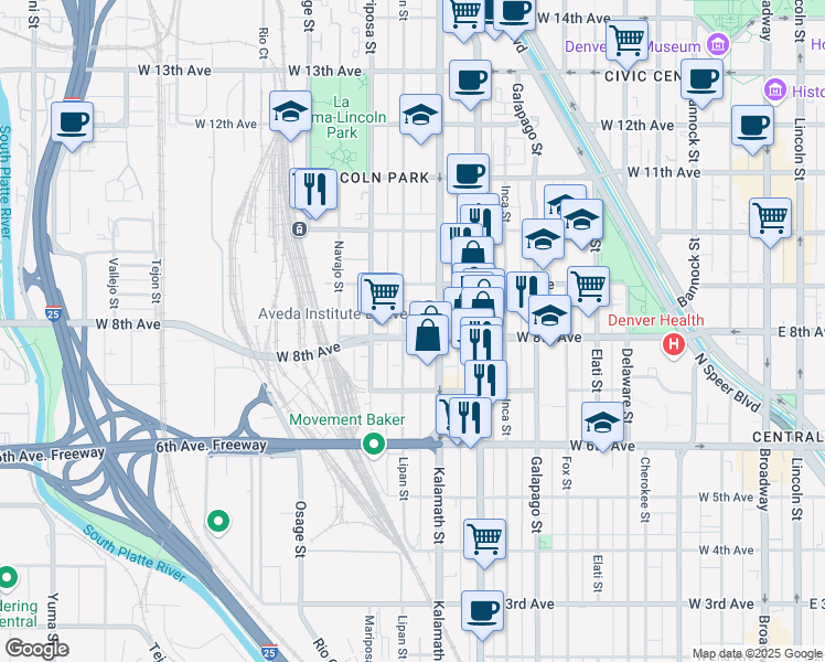 map of restaurants, bars, coffee shops, grocery stores, and more near 1045 West 8th Avenue in Denver