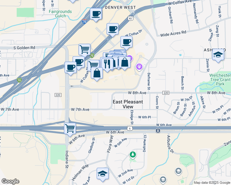 map of restaurants, bars, coffee shops, grocery stores, and more near 1410 West 8th Avenue in Golden