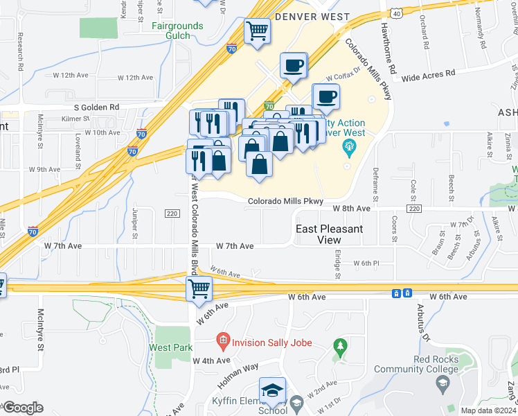 map of restaurants, bars, coffee shops, grocery stores, and more near 14493 West 8th Avenue in Lakewood