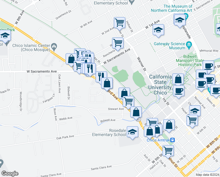 map of restaurants, bars, coffee shops, grocery stores, and more near 636 Nord Avenue in Chico