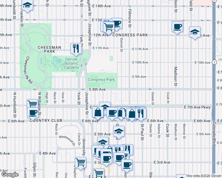 map of restaurants, bars, coffee shops, grocery stores, and more near Clayton Street in Denver