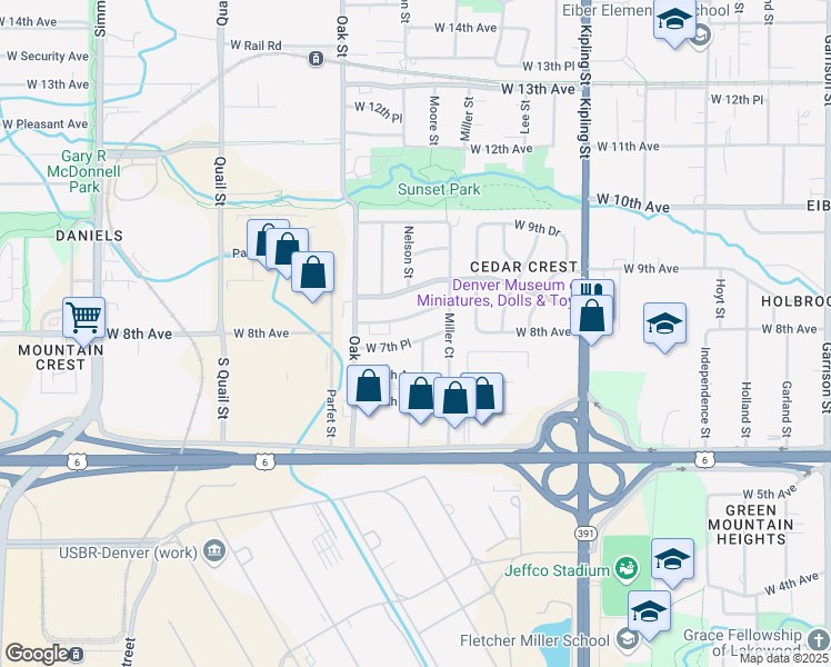 map of restaurants, bars, coffee shops, grocery stores, and more near 10521 West 7th Place in Denver