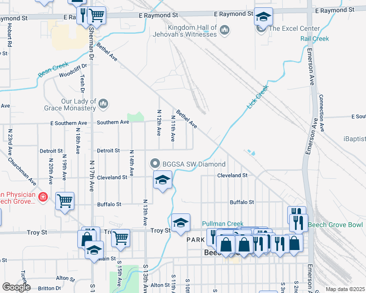 map of restaurants, bars, coffee shops, grocery stores, and more near 404 North 10th Avenue in Beech Grove