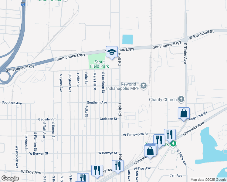 map of restaurants, bars, coffee shops, grocery stores, and more near 2517 South McClure Street in Indianapolis