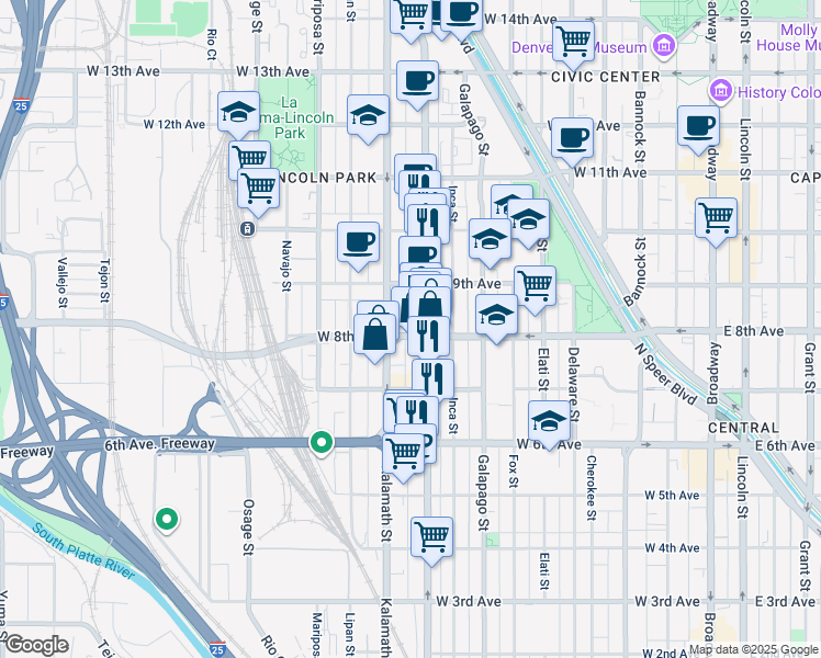 map of restaurants, bars, coffee shops, grocery stores, and more near 800 Kalamath Street in Denver