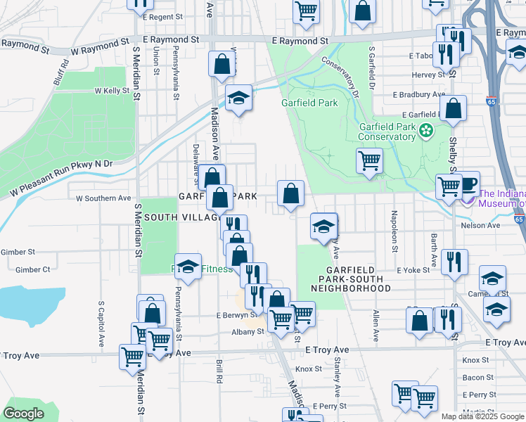 map of restaurants, bars, coffee shops, grocery stores, and more near 309 East Southern Avenue in Indianapolis