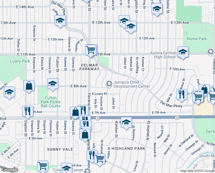 map of restaurants, bars, coffee shops, grocery stores, and more near 812 Jamaica Street in Aurora