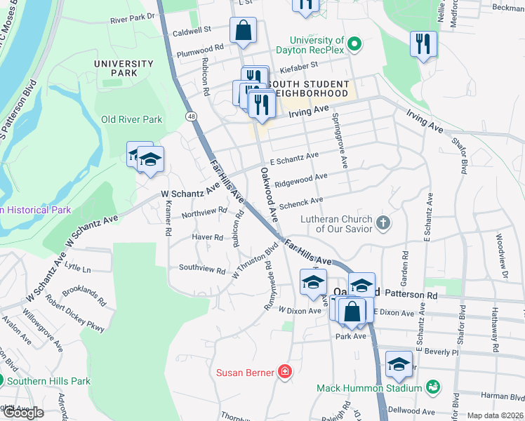 map of restaurants, bars, coffee shops, grocery stores, and more near 333 Oakwood Avenue in Dayton