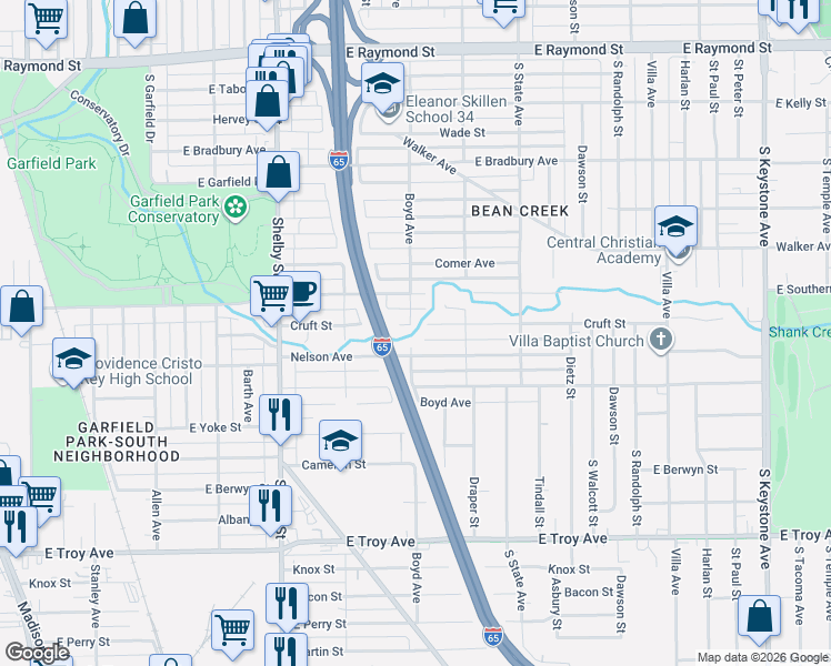 map of restaurants, bars, coffee shops, grocery stores, and more near 1503 Cruft Street in Indianapolis