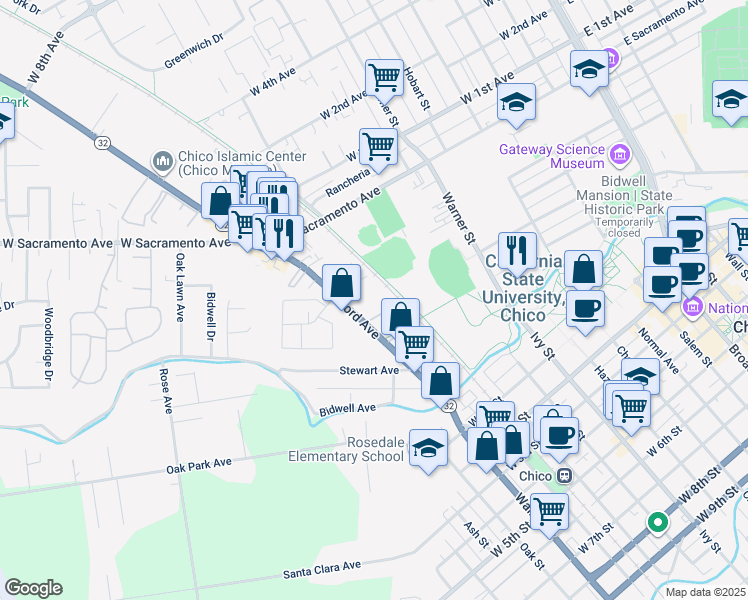 map of restaurants, bars, coffee shops, grocery stores, and more near 624 Nord Avenue in Chico