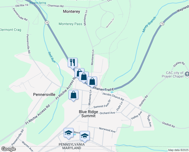 map of restaurants, bars, coffee shops, grocery stores, and more near 13046 Monterey Lane in Blue Ridge Summit
