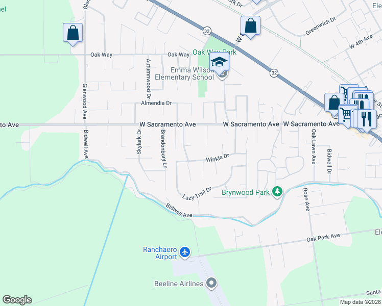 map of restaurants, bars, coffee shops, grocery stores, and more near 814 Westmont Drive in Chico