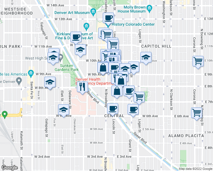 map of restaurants, bars, coffee shops, grocery stores, and more near 3 East 8th Avenue in Denver