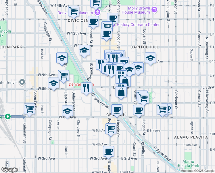 map of restaurants, bars, coffee shops, grocery stores, and more near 2 West 8th Avenue in Denver