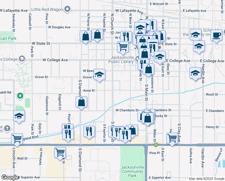 map of restaurants, bars, coffee shops, grocery stores, and more near Anna Street in Jacksonville