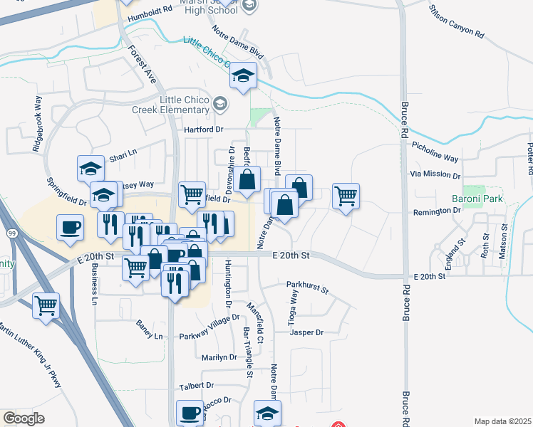 map of restaurants, bars, coffee shops, grocery stores, and more near 1900 Notre Dame Boulevard in Chico
