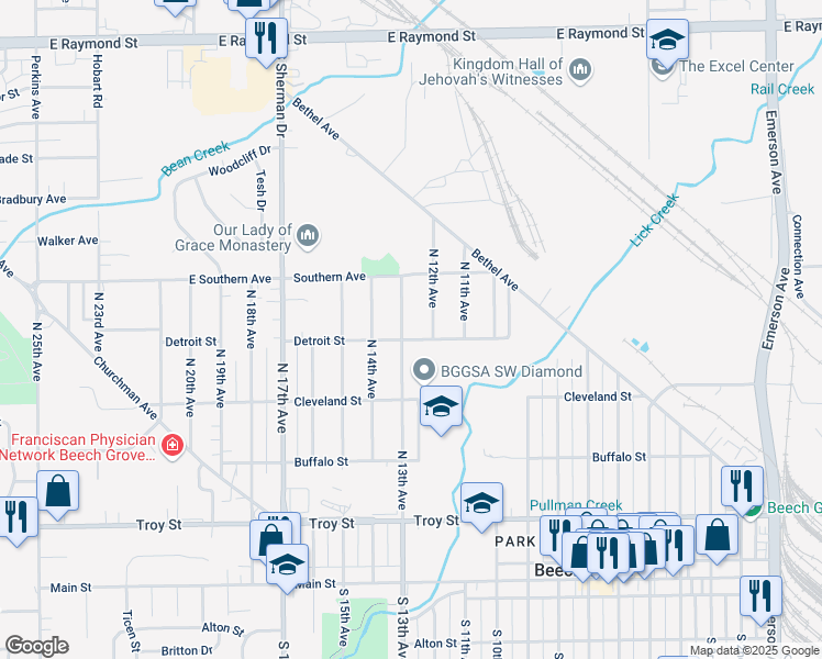 map of restaurants, bars, coffee shops, grocery stores, and more near 401 North 13th Avenue in Beech Grove