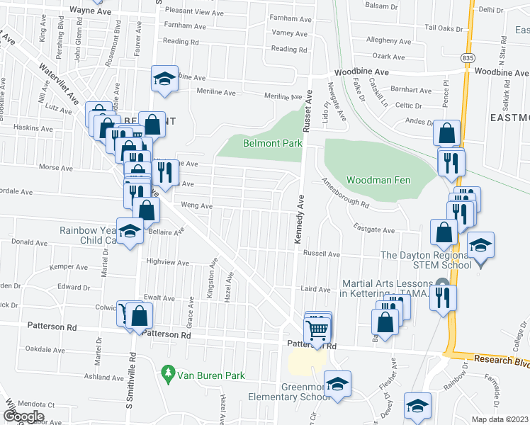 map of restaurants, bars, coffee shops, grocery stores, and more near 2600 Wayland Avenue in Dayton