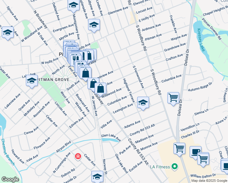 map of restaurants, bars, coffee shops, grocery stores, and more near 401 Oakcrest Avenue in Pitman